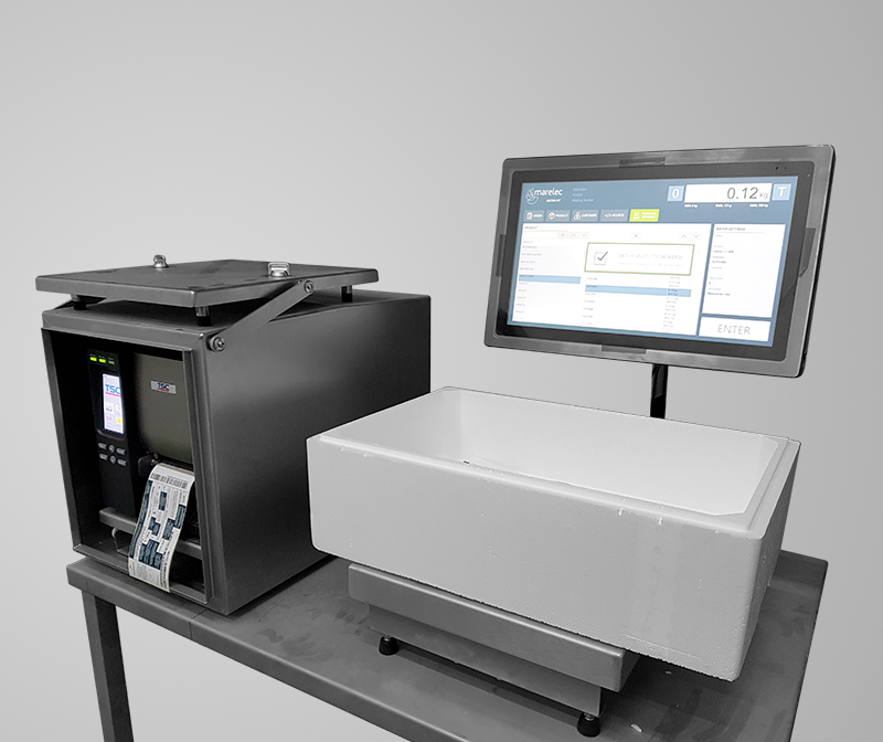 The MARELEC weighing terminal is a customized setup that can be used to manually control or create batch weights during certain steps in a production process.